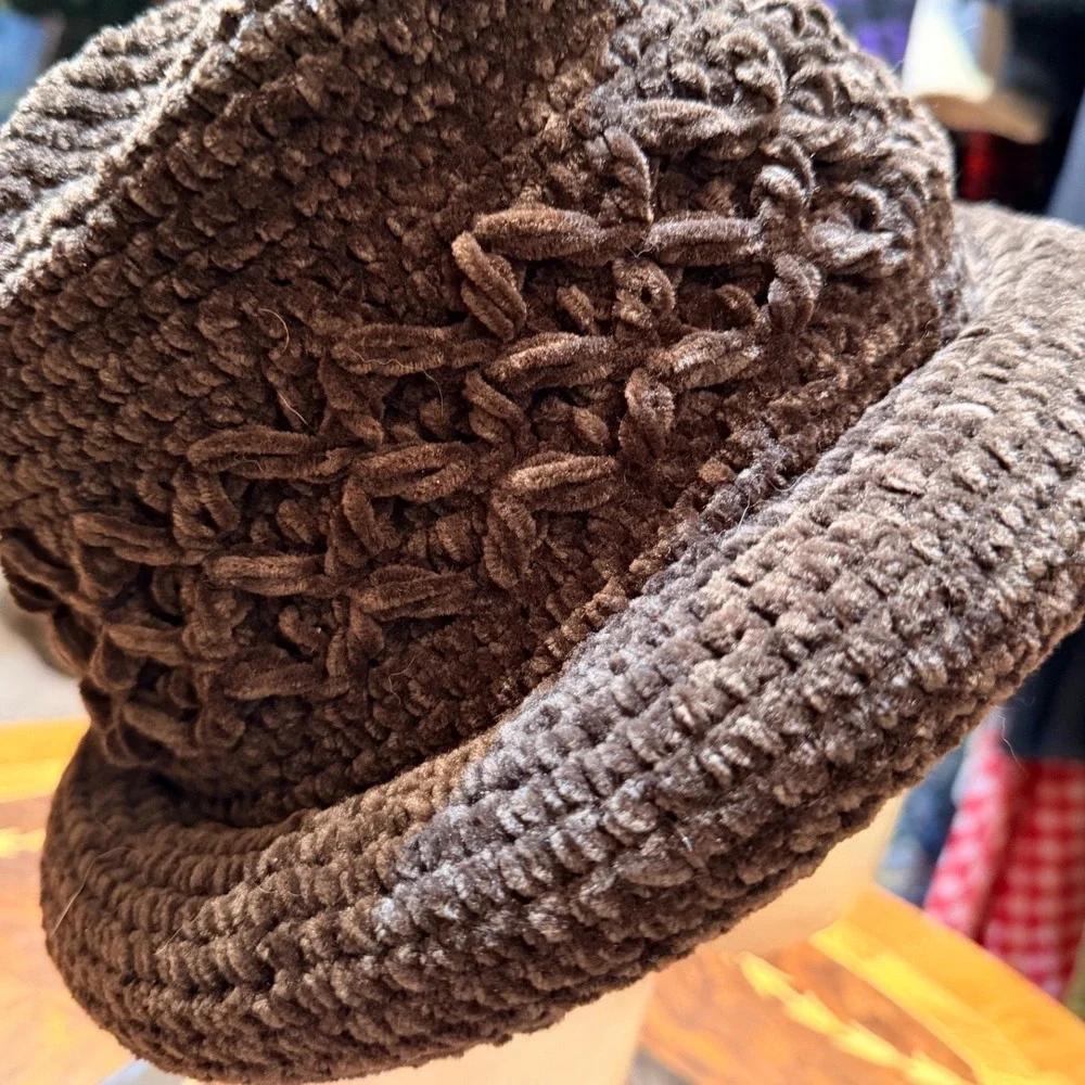 Brown VTG Crochet Knit Chenille Bucket Hat‎ Textured Boho Chic